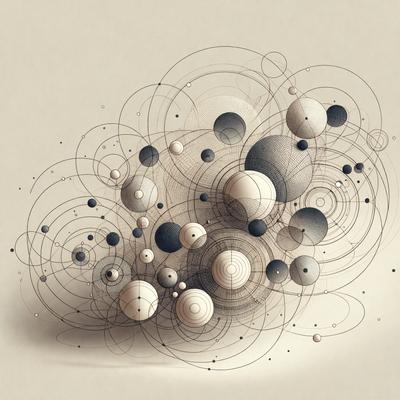 The primary subject of the image is a collection of variously shaped and sized balls, which are arranged in a visually appealing manner. The setting is a white background, which provides a clean and uncluttered environment for the balls to be displayed. The visual style of the image is a combination of digital art and illustration, creating a unique and intricate pattern. The colors and mood of the image are predominantly neutral, with the balls being the main focus and the white background providing a sense of simplicity and eleg